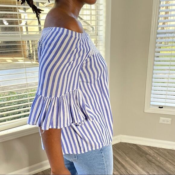 2/$20 a.n.a. Off Shoulder Striped Blue White Top - Picture 4 of 12